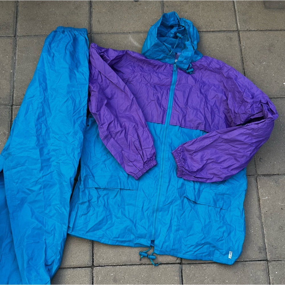 Rainfair vintage Adult Rain Suit Large Blue Purple Packable camping Travel‎ Set